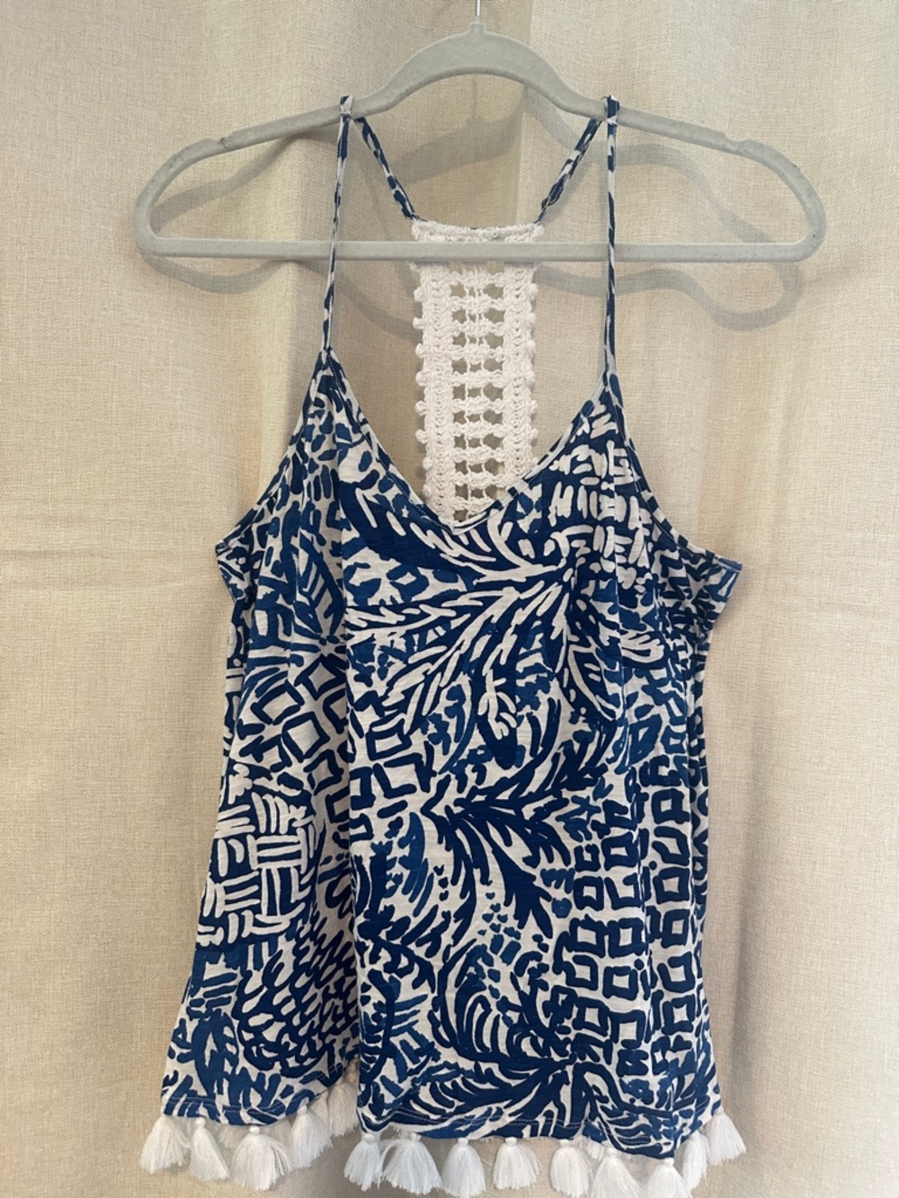 Lilly Pulitzer Navy & White Crochet-Back Tassel Cami